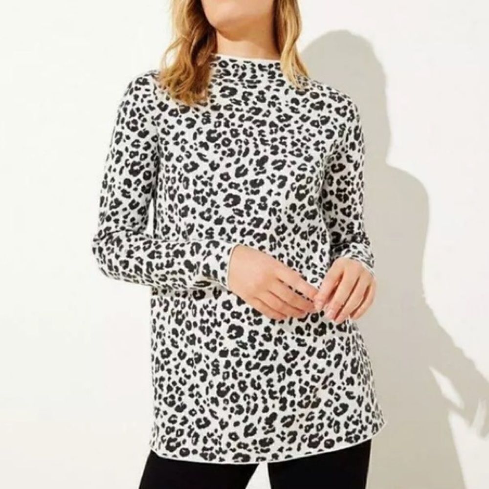 Loft Black White & Pink Leopard Print Mockneck Sweater